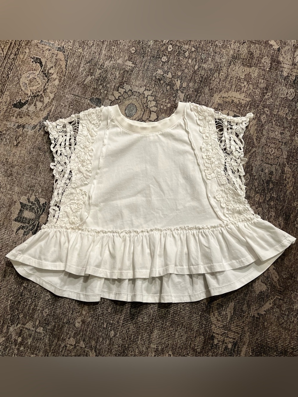 Anthropologie White Crochet Lace Ruffle Peplum Top Small